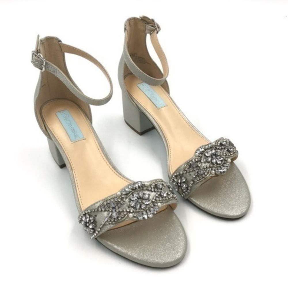 Betsey Johnson Silver Mel Gem Embellished Heeled Sandals Womens Size 8.5